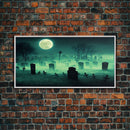 Halloween Cemetery At Night, Full Moon, Spooky Creepy Graveyard, ready to hang canvas print wall art