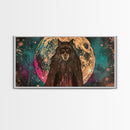 Hooded Werewolf Under The Full Moon, Framed Canvas Print, Wood Frame Halloween Wall Art, Dark Academia