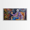 Skeleton Havin' a Hot Dog, Framed Canvas Print, Funny Halloween Decor
