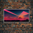 Cyberpunk lake art, city canvas, video game concept art, living room wall art, dystopian art, outrun city at sunset, man cave canvas print