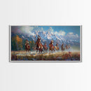 Native American Warriors Riding Through Snow-Capped Mountains, Ideal Wall Art, Framed Canvas Print Living Room Bedroom Decor, Historical Art