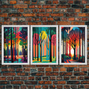Retro Pine Tree Forest In The Fall, 3 Piece Canvas, 3 Panel Art, Framed Canvas Art, Colorful Abstract / Minimalism Landscape Art