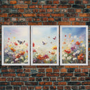 Butterly Wall Print, Wildflower Wall Art, Wildflower Meadow, Canvas Print, Set Of 3 Prints, Wall Art, 3 Piece Wall Art, Botanical Art