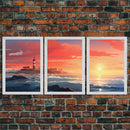 Sunset Wall Art, Light House Decor, Ocean Art Print, Canvas Print, Wall Art, 3 Piece Wall Art, Nautical Print, Seascape Art Print, Cozy Gift
