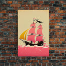 Vaporwave sail boat art, pink pirate ship, framed wall art, framed canvas print