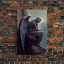 Sad angel sitting on a roof, angelic art, framed canvas print, canvas art, framed wall art