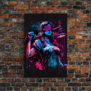 Graffiti art, lady justice, vaporwave cyberpunk justice is blind, fine art poster print