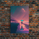 Man With Teal Umbrella Walking On Beach Seashore Pink Fine Art Print, Wall Decor, Wall Poster, Wall Art Print