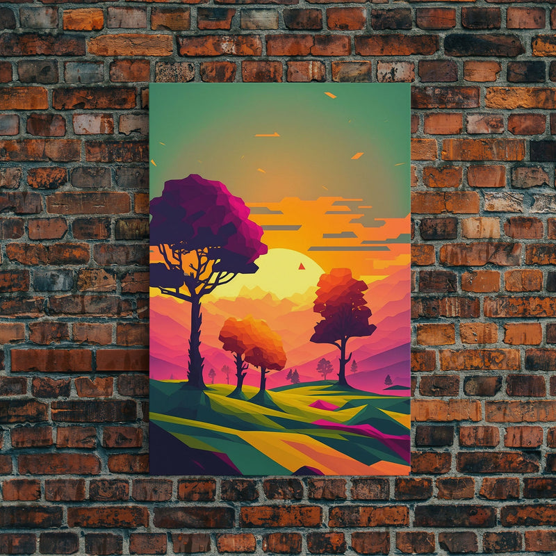 Retro Pop Art Landscape Art At Sunset, Framed Canvas Print, Outrun Sty