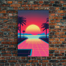 Retro Synthwave Sunset Canvas Print w/ Infinite Pool & Palm Trees | Framed Wall Decor | Framed Canvas Prints | Living Room Decor