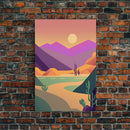 Retro Art Deco Style Minimalist Desert Landscape Print, Framed Canvas Art, Synthwave Style, Southwestern Decor, Western Art, Guest Room