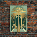 Boho Modern Frank Lloyd Wright-inspired Art Deco Canvas Print, Emerald Green and Gold Palm Tree, wall decor, wall art original, MCM Art