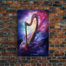 Heavenly Harp Among The Stars, Harp Art, Harp Print, Framed Canvas Art, Harp Wall Decor, Music Gift