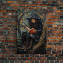 Cute Witch Reading Spells To Her Black Cat Familiar, Vintage Halloween Art, Framed Canvas Print, Halloween Canvas Art, Witchcraft