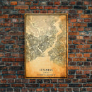 Vintage Istanbul City Map Wall Art Canvas Print, Distressed Istanbul Map, Framed Wall Art, Cool Istanbul Turkey Travel Wall Art, Office Art