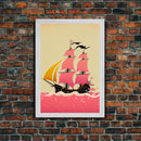 Vaporwave sail boat art, pink pirate ship, framed wall art, framed canvas print