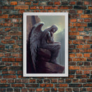 Sad angel sitting on a roof, angelic art, framed canvas print, canvas art, framed wall art