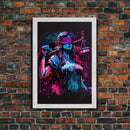 Graffiti art, lady justice, vaporwave cyberpunk justice is blind, fine art poster print
