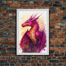 Magenta Purple Watercolor Dragon Fantasy Fine Art Print, Wall Decor, Wall Poster, Wall Art Print