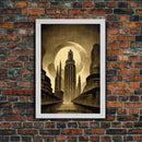 Dystopian Metropolis Art Deco Canvas Print, City Skyline, Fantasy Art, Art Deco Living Room Art, ready to hang wall art