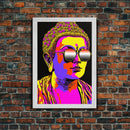 Heatwave Buddha Statue Wearing 80s Style Sunglasses, Framed Canvas Print, Psychedelic Meditation Buddhism Art, Art Deco Sunburst Buddha Art