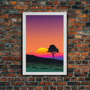 A Lone Tree in a Texas Field At Sunset, Retro Style MCM Art, Framed Canvas Print, Trendy Wall Prints, Landscape and Sunset Outrun Art