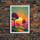 Retro Pop Art Landscape Art At Sunset, Framed Canvas Print, Outrun Style Trees and Sunset, Living Room Art