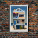 Whimsical Beach House Art, Framed Canvas Print, Cute Retro Beach House Painting, Wall Art