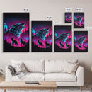 Wolves Howling at the moon, 3 wolf moon, framed canvas print, vaporwave art, Animal art, predator art
