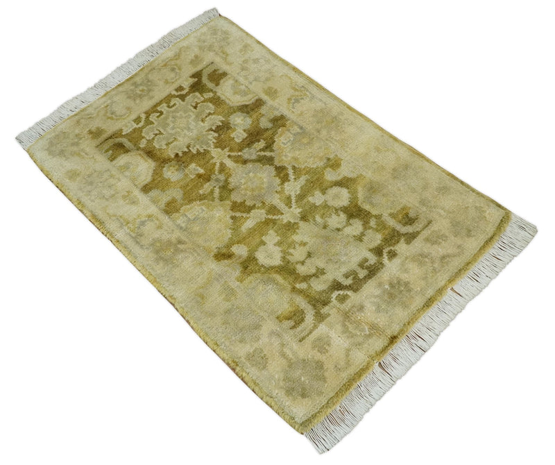 2x3 Hand Knotted Olive, Beige and Gray Traditional Persian Oushak Wool Rug | N423