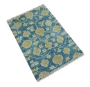 2x3 Hand Knotted Teal and Beige Balloon shape Oushak Wool Area Rug