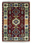 2x3 Hand Knotted traditional Kazak Rust and Blue Doormat Rug | KZA25