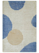 2x3 Beige and Blue Hand Knotted Modern Polka Dots Wool Rug