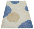 2x3 Beige and Blue Hand Knotted Modern Polka Dots Wool Rug