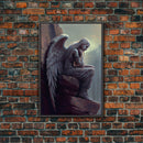 Sad angel sitting on a roof, angelic art, framed canvas print, canvas art, framed wall art