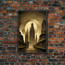 Dystopian Metropolis Art Deco Canvas Print, City Skyline, Fantasy Art, Art Deco Living Room Art, ready to hang wall art