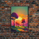Retro Pop Art Landscape Art At Sunset, Framed Canvas Print, Outrun Style Trees and Sunset, Living Room Art