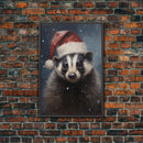 Cute Christmas Badger In A Santa Hat, Framed Canvas Print, Christmas Art, Christmas Decor, Christmas Art Print, Christmas Wall Art