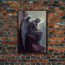 Sad angel sitting on a roof, angelic art, framed canvas print, canvas art, framed wall art