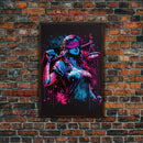 Graffiti art, lady justice, vaporwave cyberpunk justice is blind, fine art poster print