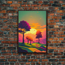 Retro Pop Art Landscape Art At Sunset, Framed Canvas Print, Outrun Style Trees and Sunset, Living Room Art