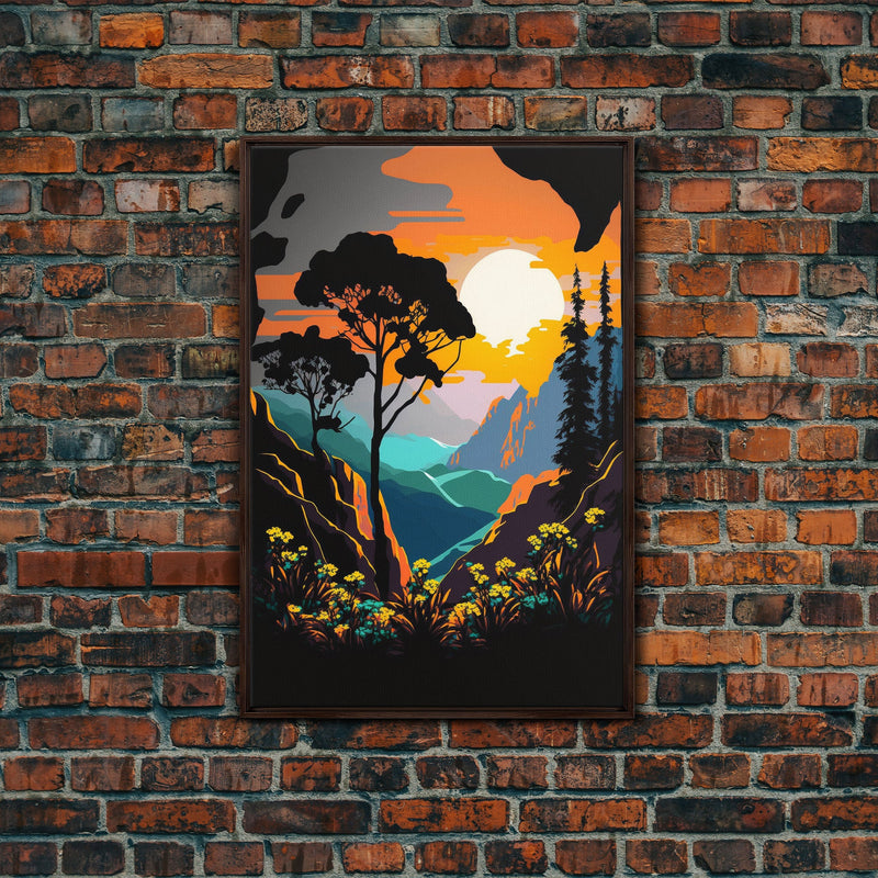 Colorful Pop Art Picture of a Mountain and Forest Landscape, Framed Ca