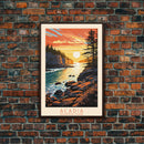 Acadia National Park, Framed Wall Art Canvas Print, Travel Poster, Travel Art, Roadtrip Decor, Cool Wall Art, Retro State Park Art