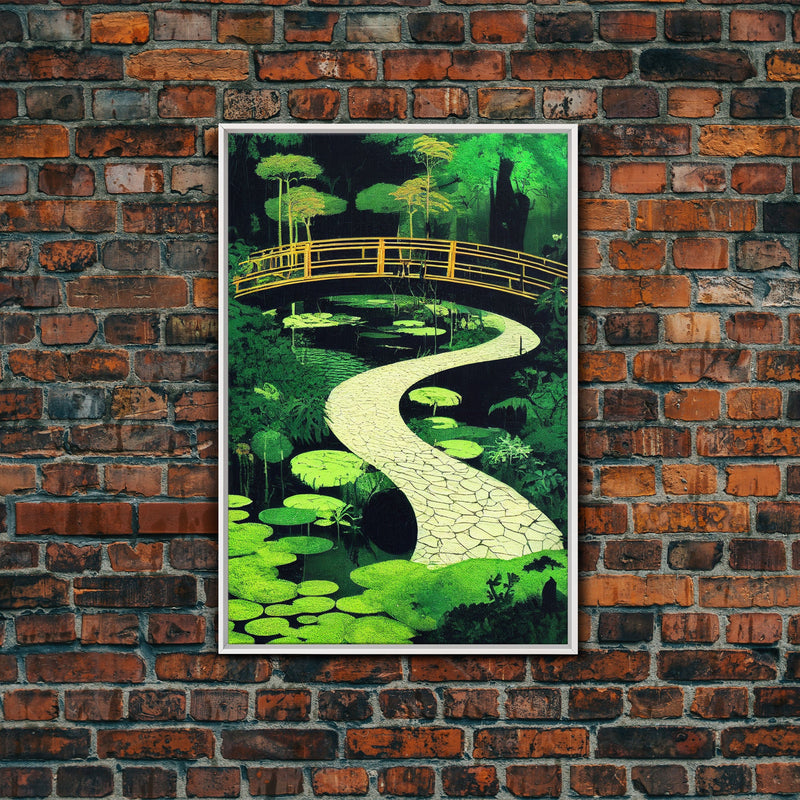 Emerald green Japanese zen garden art, framed canvas print, abstract a