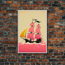Vaporwave sail boat art, pink pirate ship, framed wall art, framed canvas print