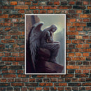 Sad angel sitting on a roof, angelic art, framed canvas print, canvas art, framed wall art