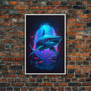 Shark Art, framed canvas print, colorful retro style shark art watercolor painting print