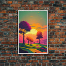 Retro Pop Art Landscape Art At Sunset, Framed Canvas Print, Outrun Style Trees and Sunset, Living Room Art