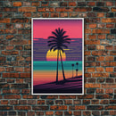 Framed Canvas Print | Art Deco Sunset, Beaches, Pop Art, Palm trees, Retro Style, Island Vibe | Vibrant and Colorful | Retro Style