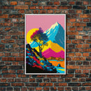 Retro Midcentury Style Wall Art, Framed Canvas Print, Colorful Wall Art, Mountain Landscape, Office Decor, Low Res Art